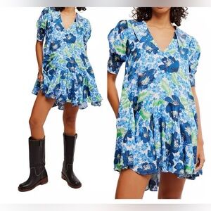 FREE PEOPLE Moon Chaser Mini Dress / Bright Blue Combo size S NWT loose fit